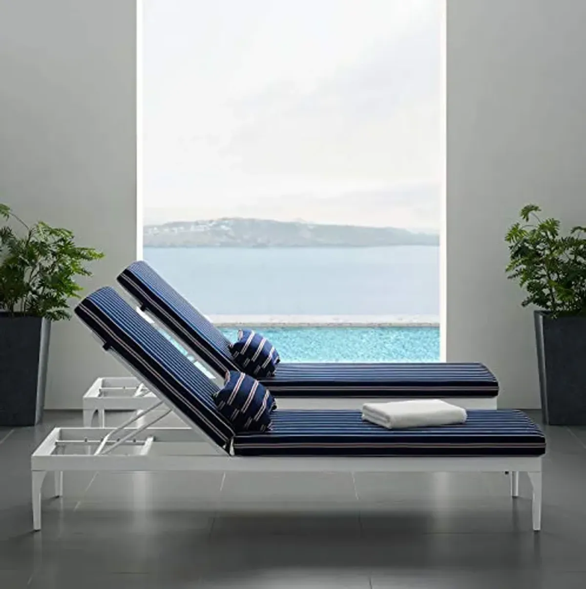 Modway Perspective Aluminum Outdoor Patio Chaise with Cushions, Lounge Chair, White Striped Navy