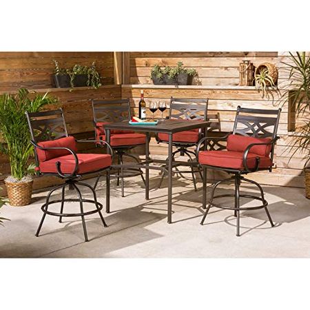 Hanover Montclair 5-Piece High Dining Patio Set with 33'' Steel Stamped Square Bar Height Table and 4 Red Cushioned Tall Swivel Chairs, Modern All-Weather Outdoor Furniture for Backyard and Deck