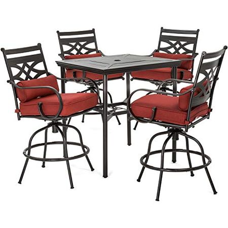 Hanover Montclair 5-Piece High Dining Patio Set with 33'' Steel Stamped Square Bar Height Table and 4 Red Cushioned Tall Swivel Chairs, Modern All-Weather Outdoor Furniture for Backyard and Deck