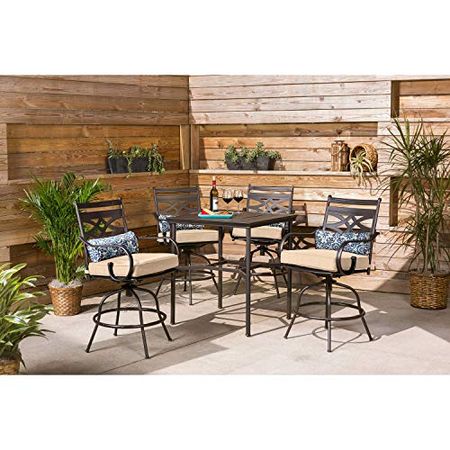 Hanover High Country Cork Montclair 5-Piece All-Weather Outdoor Counter-Height Patio Dining Set, 4 Cushioned Swivel Chairs and 33" Square Stamped Rectangle Table, MCLRDN5PCBR-TAN, Tan