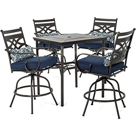 Hanover 5-Piece High Navy Blue Montclair Weather Outdoor Counter-Height Patio Dining Set, 4 Cushioned Swivel Chairs and 33" Square Stamped Rectangle Table