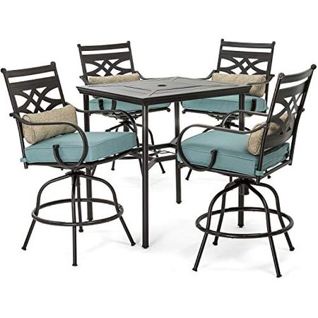 Hanover High Ocean Blue Montclair 5-Piece All-Weather Outdoor Counter-Height Patio Dining Set, 4 Cushioned Swivel Chairs and 33" Square Stamped Rectangle Table