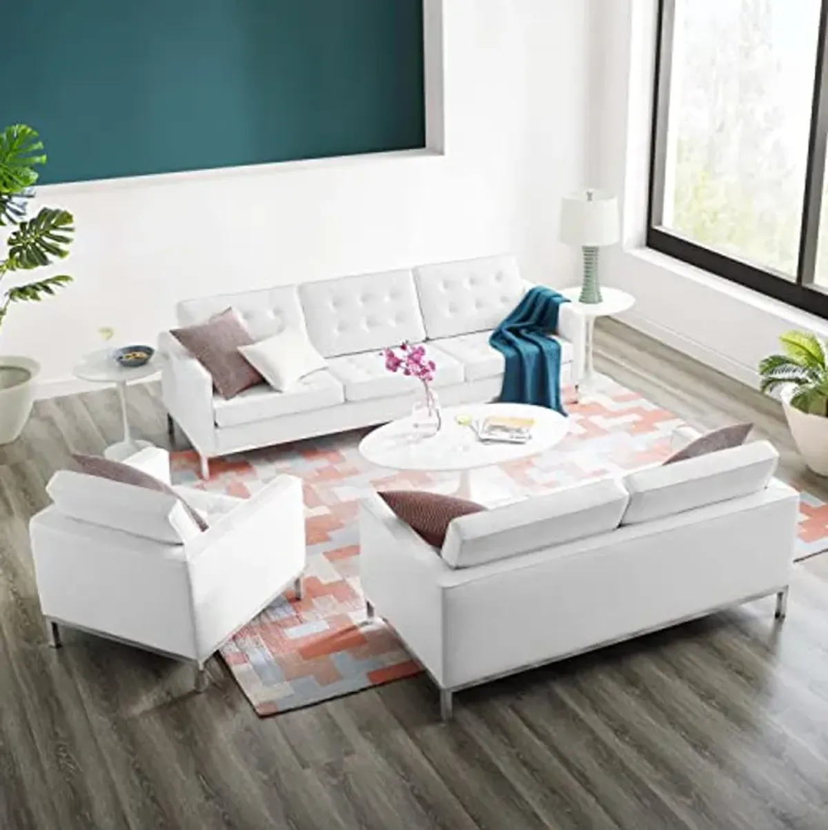 Modway Loft 3-Piece Modern Tufted Upholstered Faux Leather Sofa Set in White