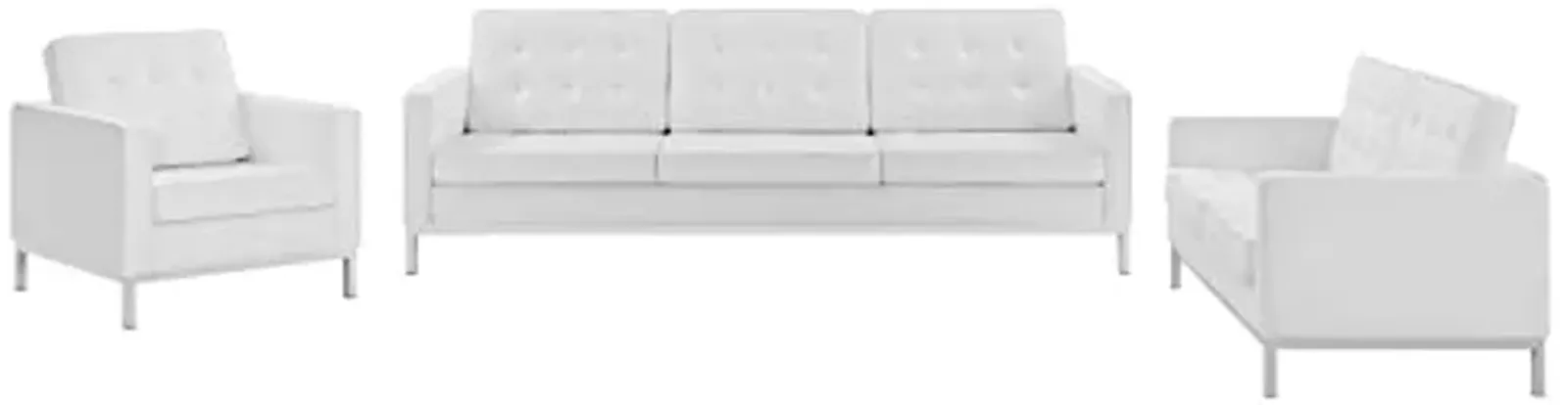 Modway Loft 3-Piece Modern Tufted Upholstered Faux Leather Sofa Set in White