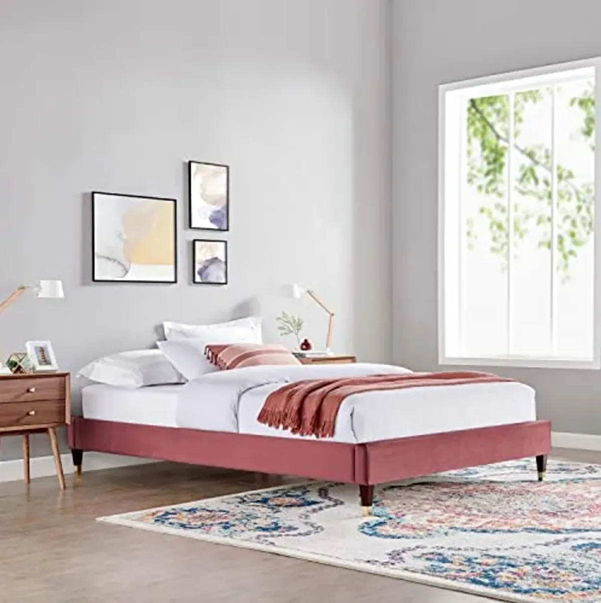 Modway Harlow King Performance Velvet Platform Bed Frame in Dusty Rose