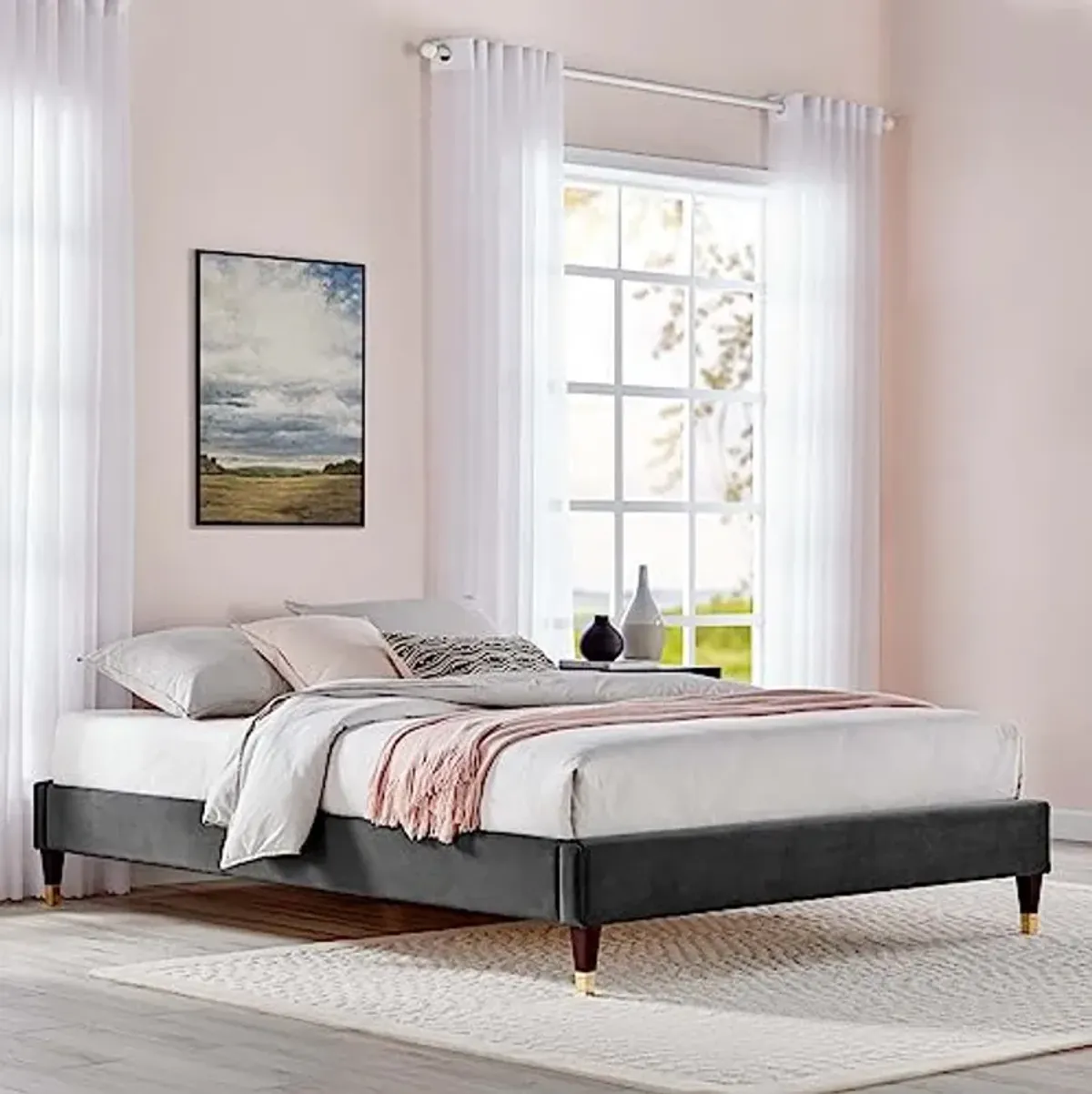 Modway Harlow 79" King Performance Velvet Platform Bed Frame in Charcoal