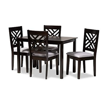 Baxton Studio Caron Dining Set and Dining Set Gray Fabric Upholstered Espresso Brown Finished Wood 5-Piece Dining Set