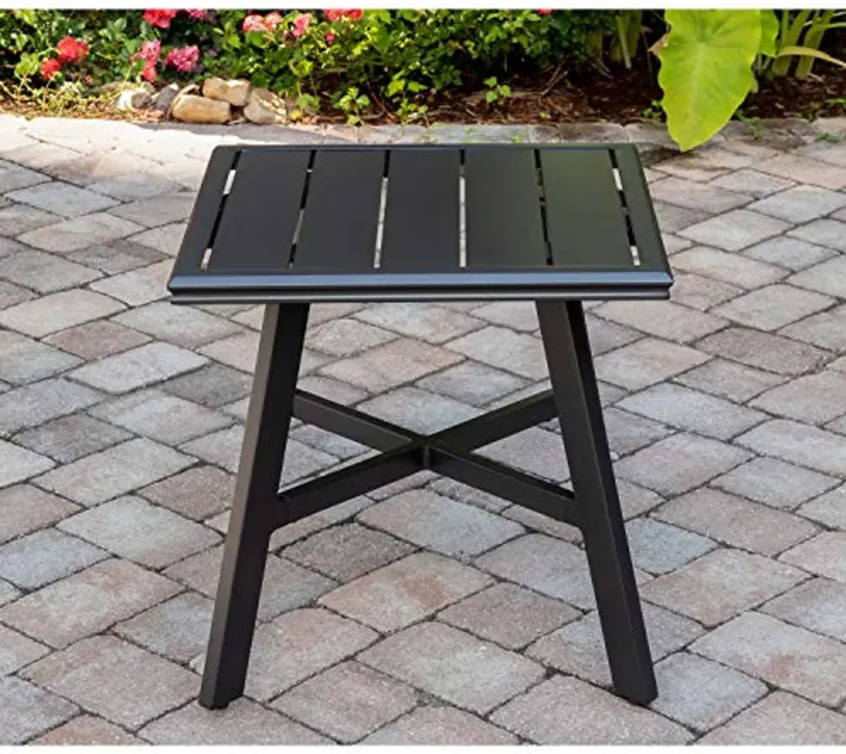 Hanover All-Weather Commercial-Grade Rustproof Aluminum 22" Square Slat-Top Side Table for Backyard, Porch, Deck, and Patio, Space Saving Outdoor Side Table Perfect for Small Outdoor Areas, Gunmetal