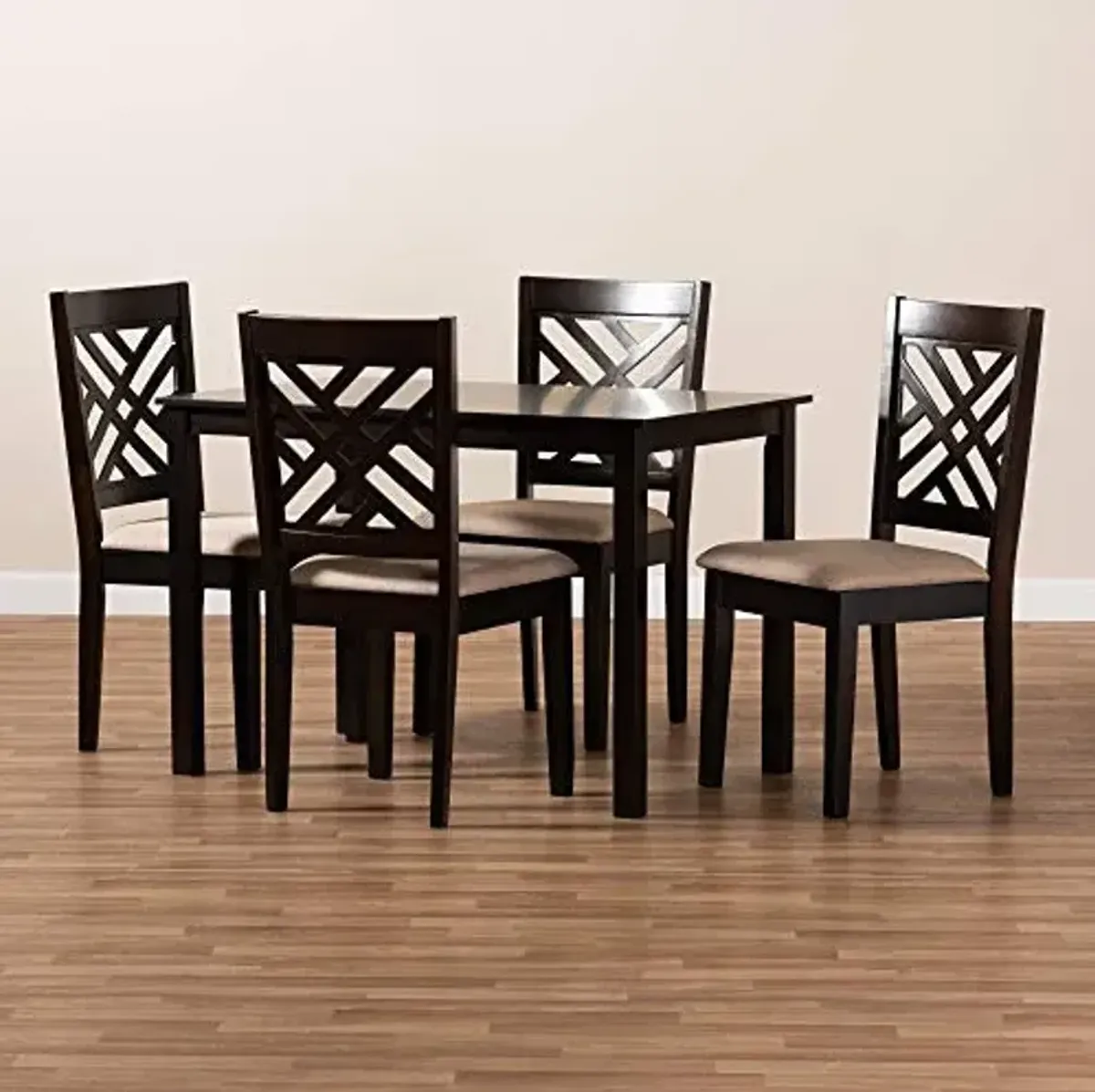 Baxton Studio Caron Dining Set - Sand Fabric Upholstered, Espresso Brown Finished Wood, 5-Piece