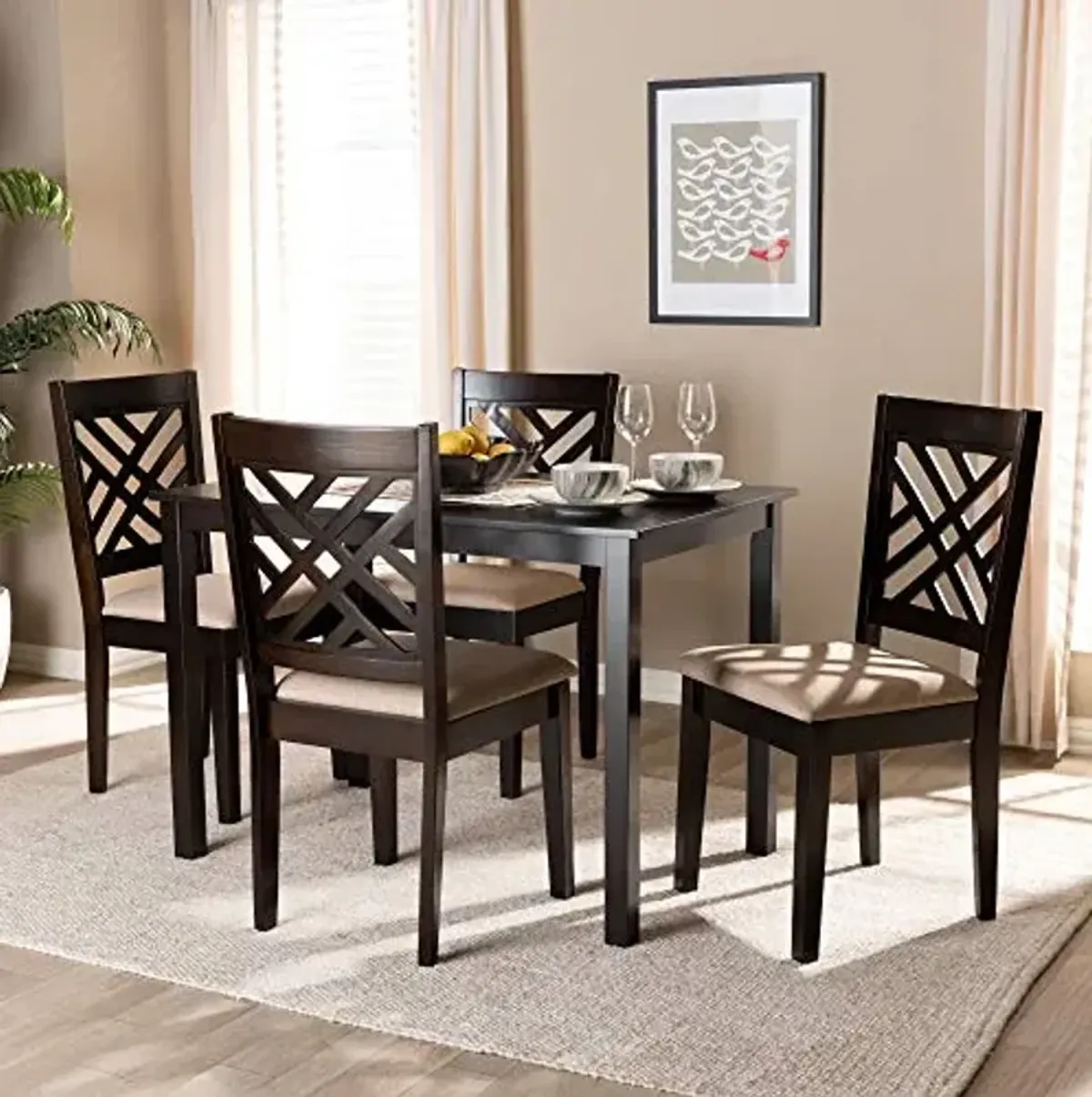 Baxton Studio Caron Dining Set - Sand Fabric Upholstered, Espresso Brown Finished Wood, 5-Piece
