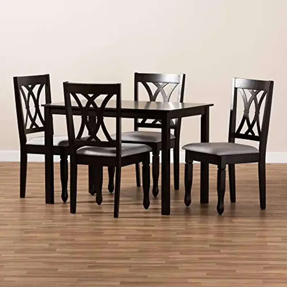 Baxton Studio Reneau Dining Set and Dining Set Gray Fabric Upholstered Espresso Brown Finished Wood 5-Piece Dining Set