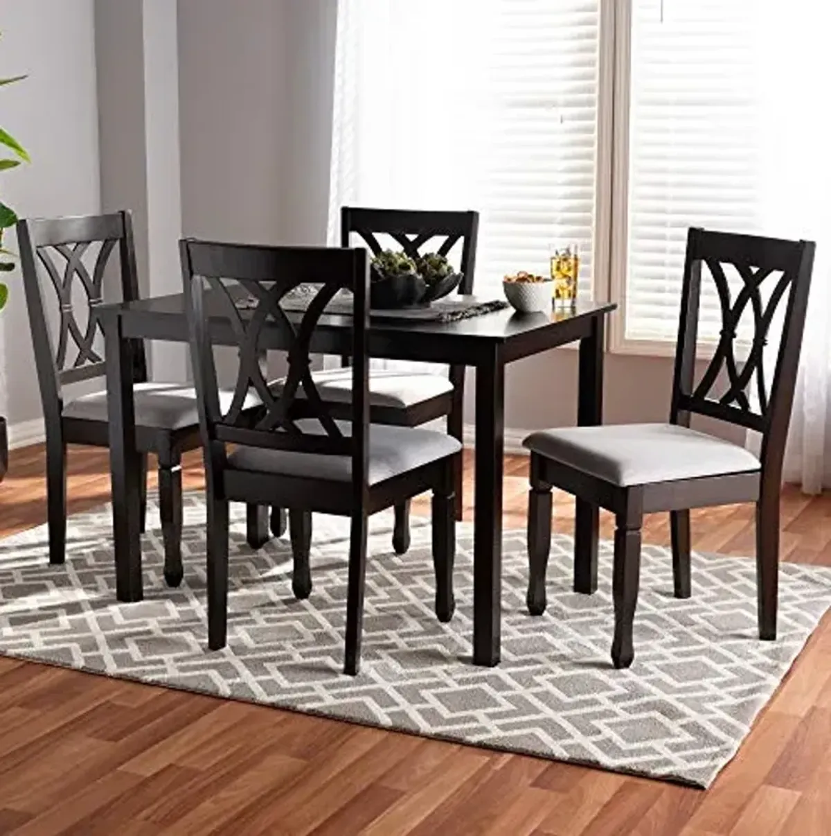 Baxton Studio Reneau Dining Set and Dining Set Gray Fabric Upholstered Espresso Brown Finished Wood 5-Piece Dining Set