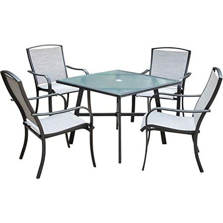 Hanover Foxhill 5-Piece Commercial-Grade Patio Set with 4 Sling Dining Chairs and a 38" Square Glass-Top Table, Gray/Gunmetal