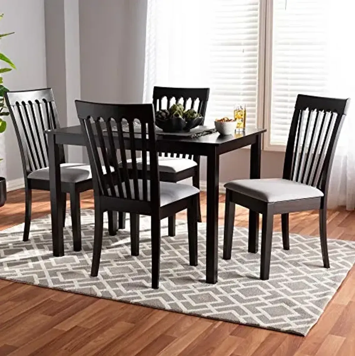 Baxton Studio Minette Dining Set - Gray Fabric Upholstered, Espresso Brown Finished Wood, 5-Piece