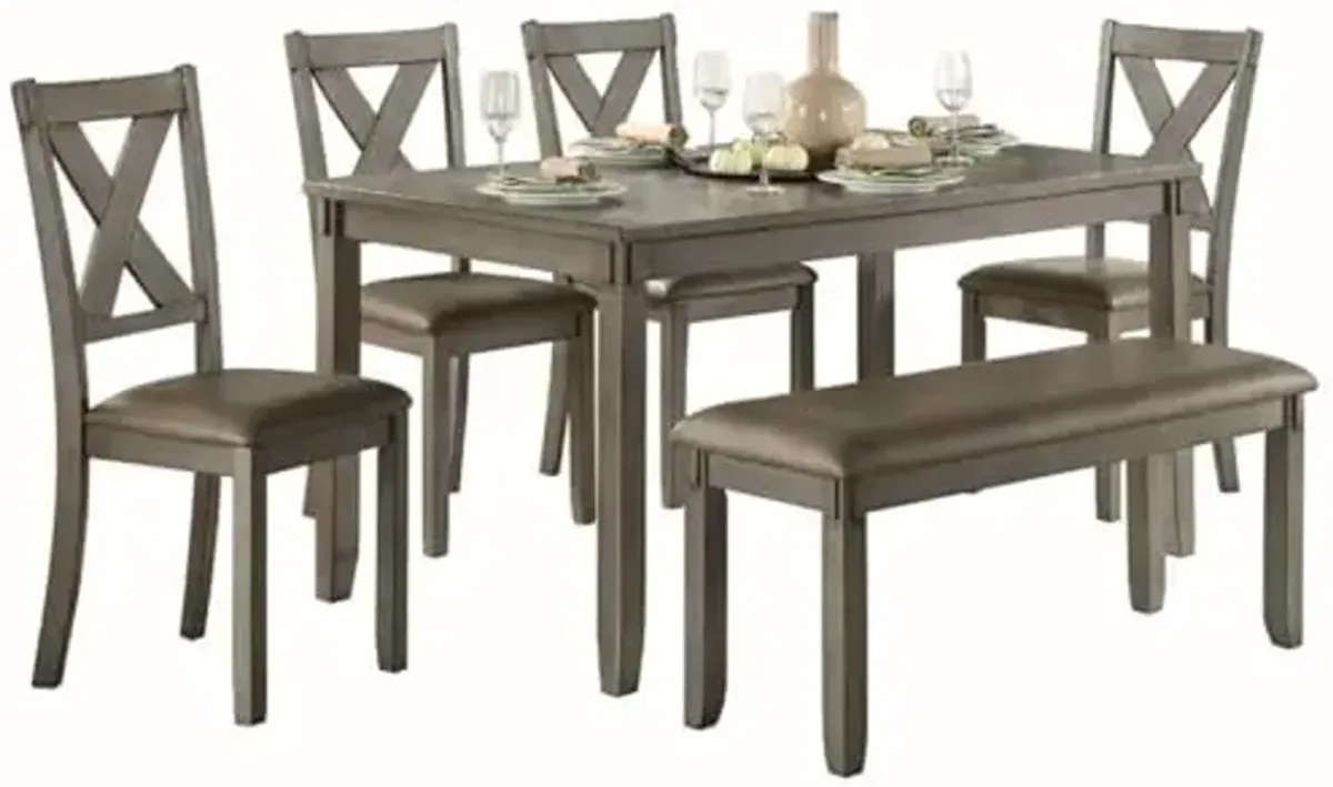 Homelegance 6-Piece Dining Set with Table with 4 Cross Back Chairs and Bench, Modern Wood Okume Veneer Dining Room Furniture with Faux Leather Cushioned Seats, Kitchen Table Set for 6, Gray