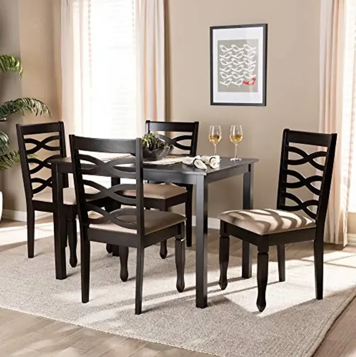 Baxton Studio Lanier Dining Set - Sand Fabric Upholstered, Espresso Brown Finished Wood, 5-Piece