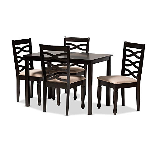 Baxton Studio Lanier Dining Set and Dining Set Sand Fabric Upholstered Espresso Brown Finished Wood 5-Piece Dining Set