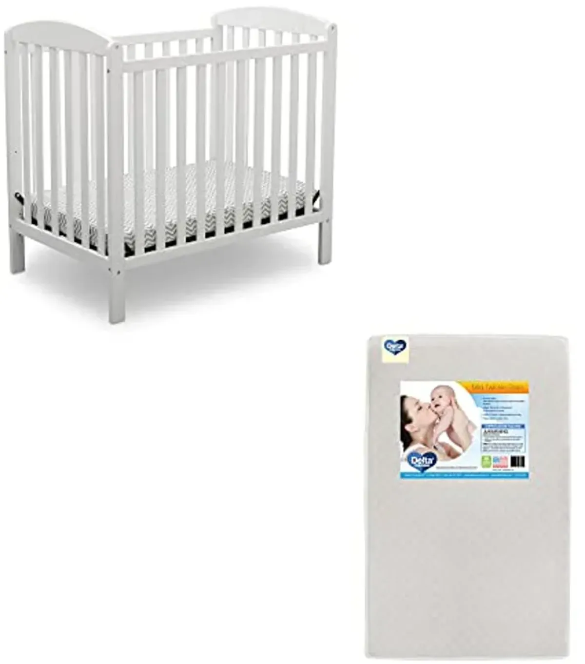 Delta Children Emery Mini Convertible Baby Crib & Twinkle Stars 3-Inch Waterproof Mini Crib Mattress, Bianca White