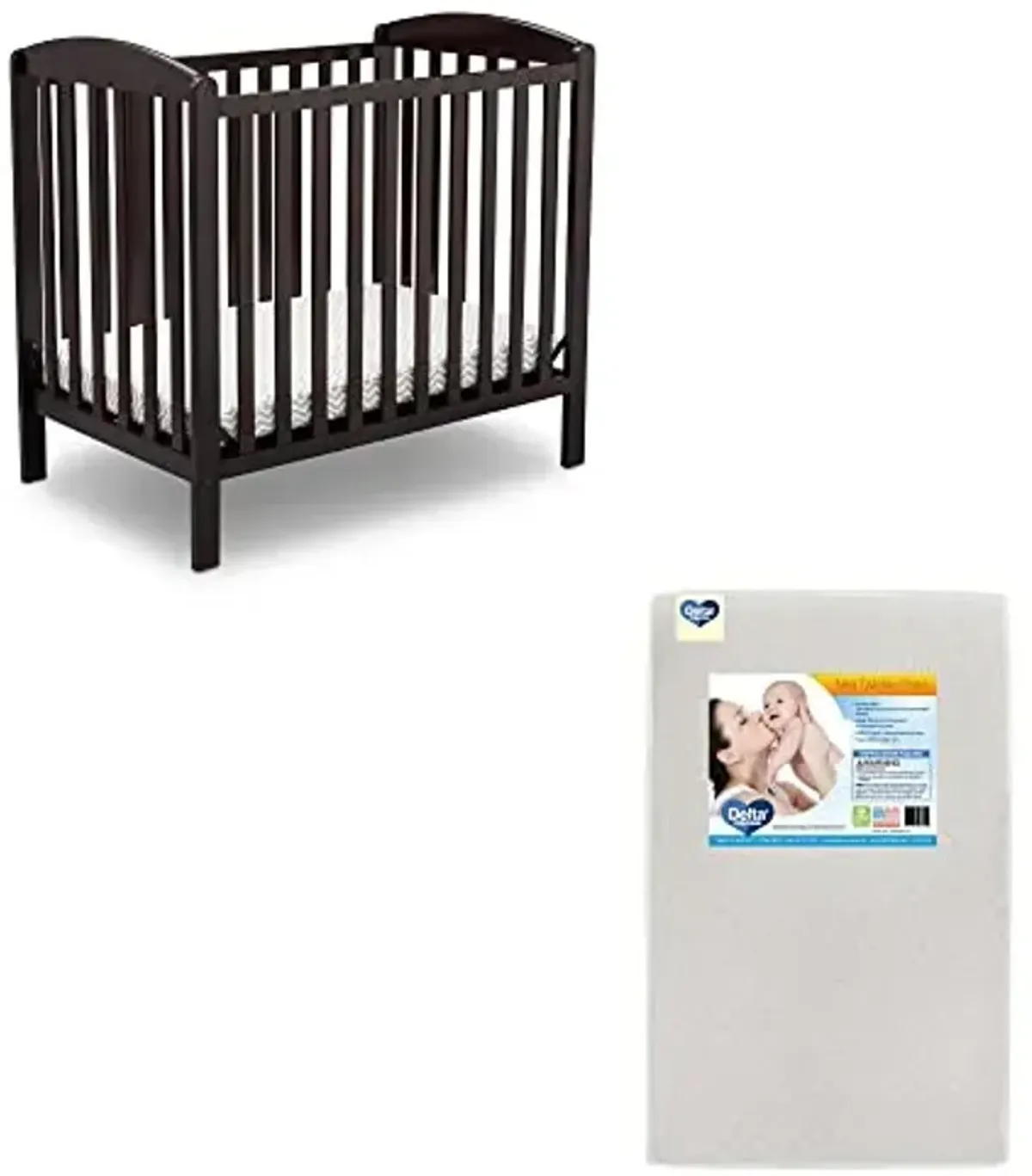 Delta Children Emery Mini Convertible Baby Crib & Twinkle Stars 3-Inch Waterproof Mini Crib Mattress, Dark Chocolate