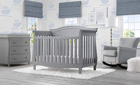 Delta Children Lancaster 4-in-1 Convertible Baby Crib & Twinkle Stars Waterproof Fiber Core Crib and Toddler Mattress, Grey