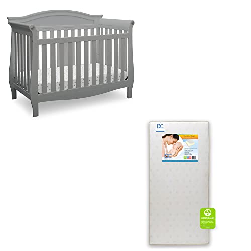 Delta Children Lancaster 4-in-1 Convertible Baby Crib & Twinkle Stars Waterproof Fiber Core Crib and Toddler Mattress, Grey