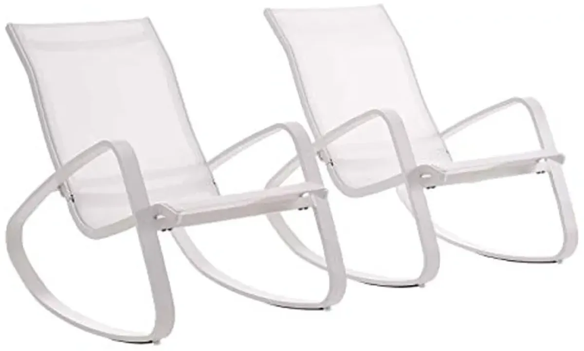 Modway Traveler Outdoor Patio Aluminum Mesh Rocking Sling Gliders, Two Lounge Chairs, White