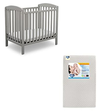 Delta Children Emery Mini Convertible Baby Crib & Twinkle Stars 3-Inch Waterproof Mini Crib Mattress, Grey