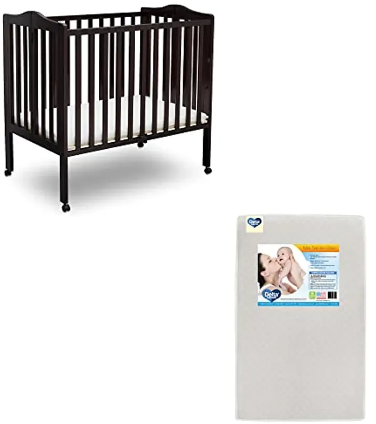 Delta Children Folding Portable Mini Baby Crib & Twinkle Stars 3-Inch Waterproof Portable Crib Mattress, Dark Chocolate