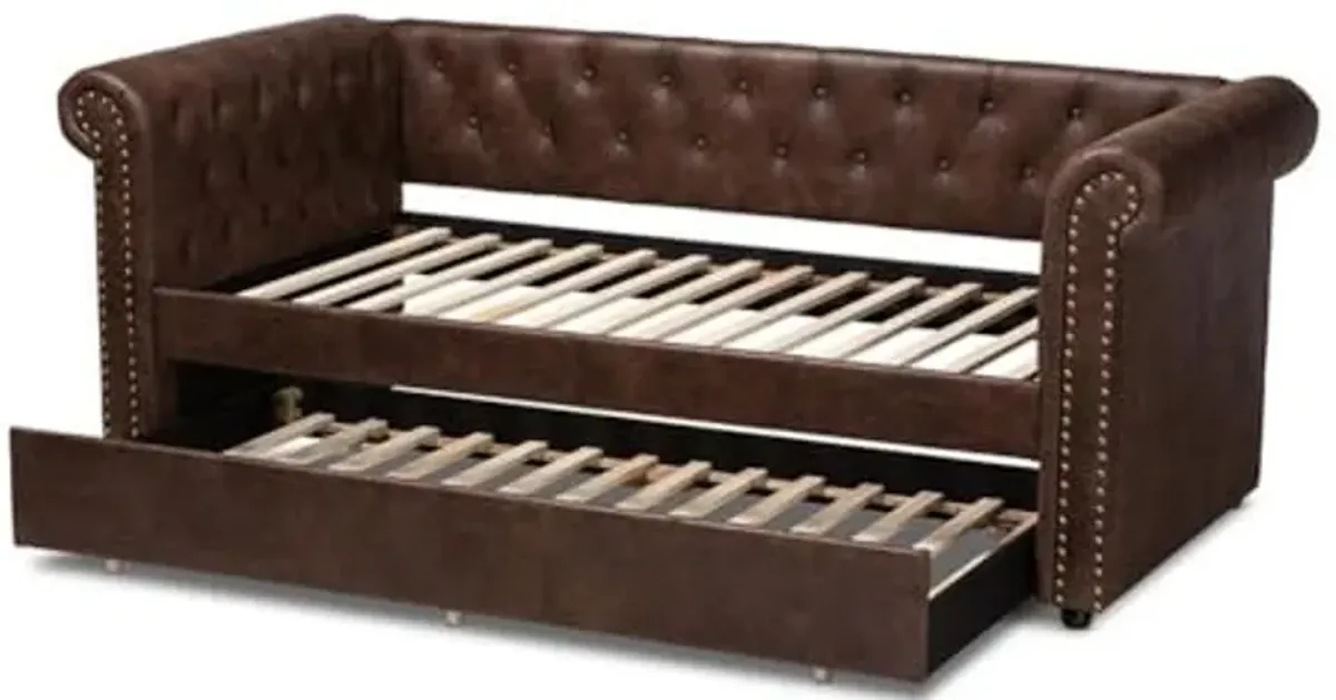 Baxton Studio Mabelle Modern and Contemporary Brown Faux Leather Upholstered Daybed with Trundle