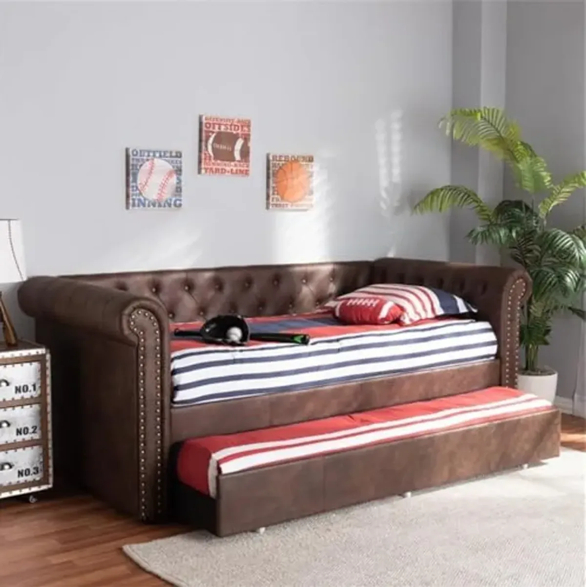 Baxton Studio Mabelle Modern and Contemporary Brown Faux Leather Upholstered Daybed with Trundle