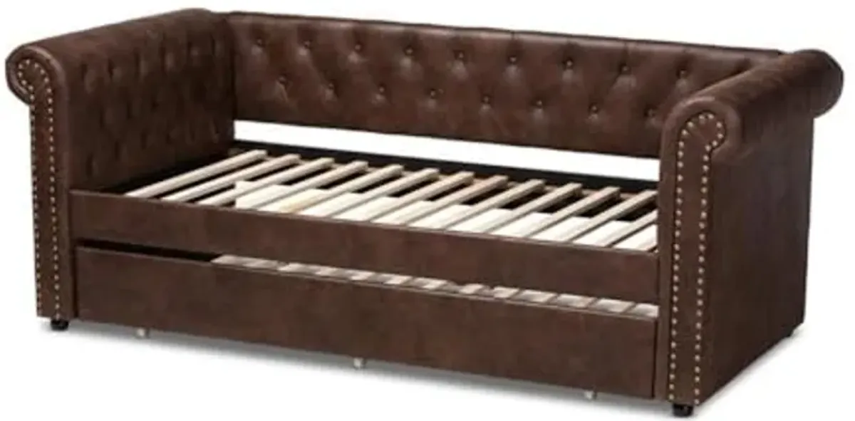 Baxton Studio Mabelle Modern and Contemporary Brown Faux Leather Upholstered Daybed with Trundle