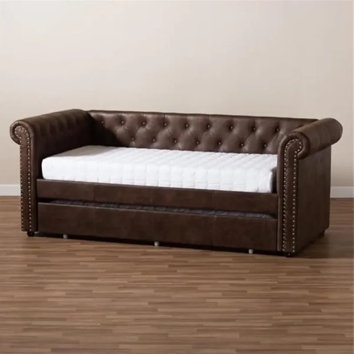 Baxton Studio Mabelle Modern and Contemporary Brown Faux Leather Upholstered Daybed with Trundle