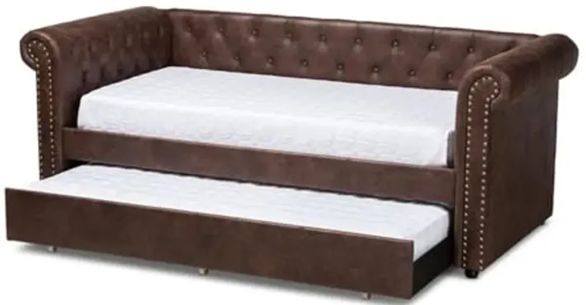 Baxton Studio Mabelle Modern and Contemporary Brown Faux Leather Upholstered Daybed with Trundle