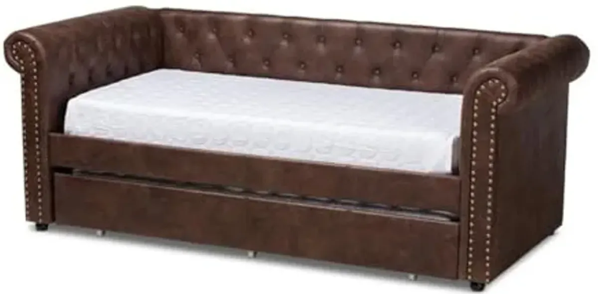 Baxton Studio Mabelle Modern and Contemporary Brown Faux Leather Upholstered Daybed with Trundle