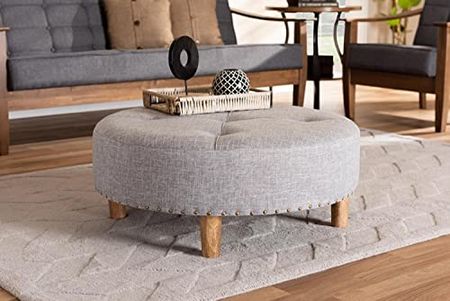 Baxton Studio Vinet Tufted Fabric and Wood Coffee Table Ottoman in Light Gray