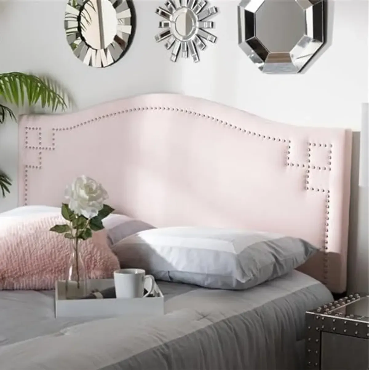 Baxton Studio Aubrey Light Pink Velvet Fabric Upholstered Queen Headboard