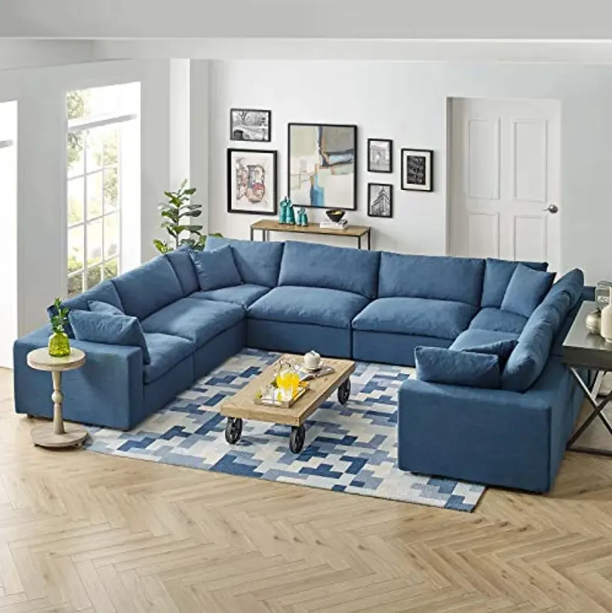 Modway Commix Down-Filled Overstuffed Upholstered 8-Piece Sectional Sofa Set in Azure