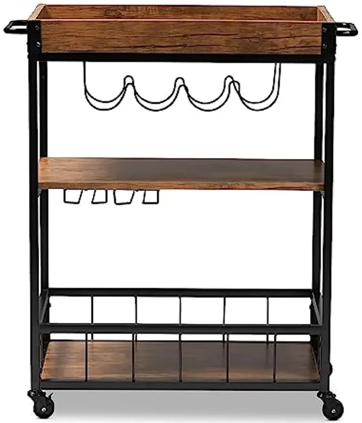 Baxton Studio Cerne Vintage Rustic Industrial Oak Brown and Black Finished Mobile Metal Bar Cart with Wine Bottle Rack