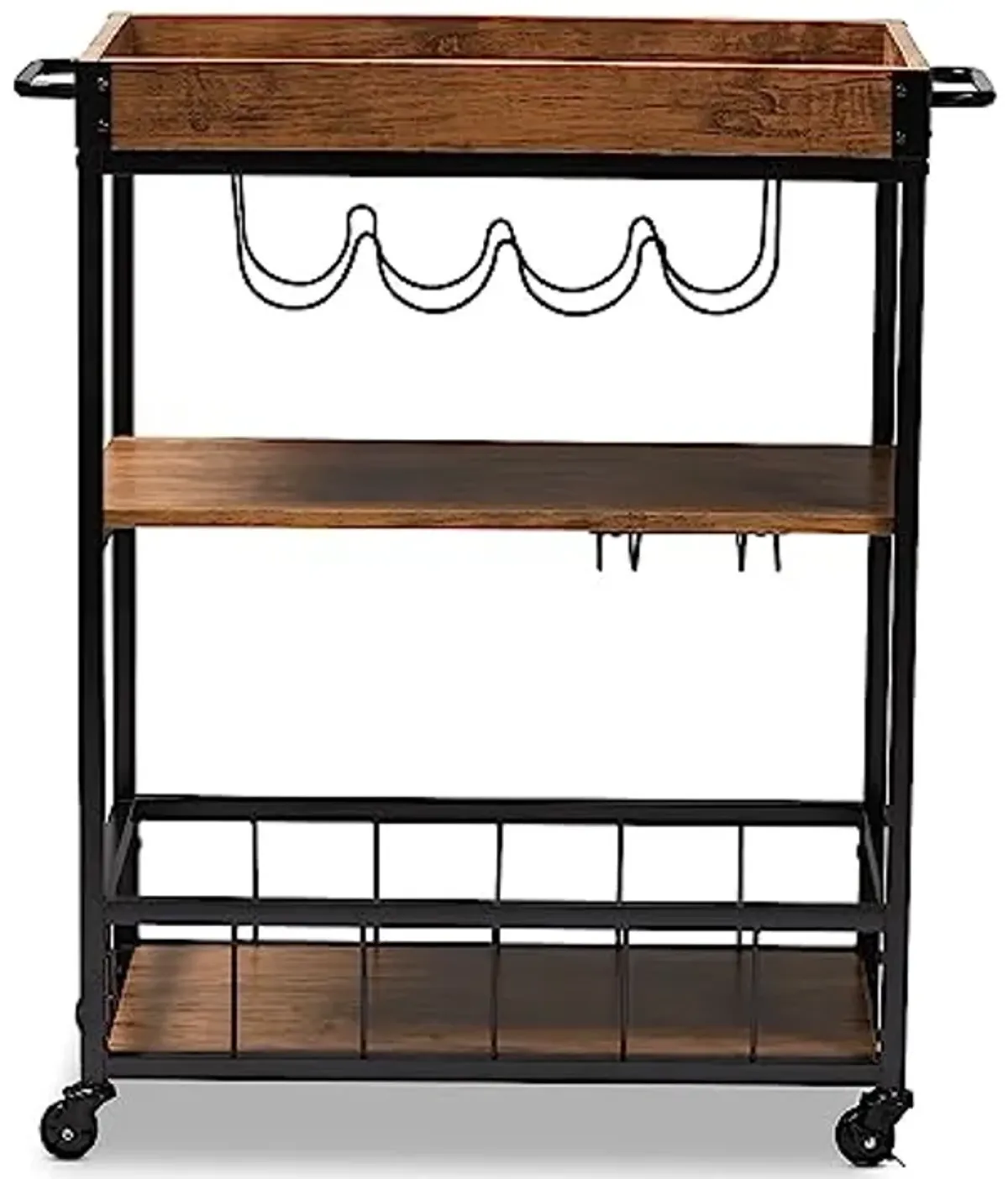 Baxton Studio Cerne Vintage Rustic Industrial Oak Brown and Black Finished Mobile Metal Bar Cart with Wine Bottle Rack