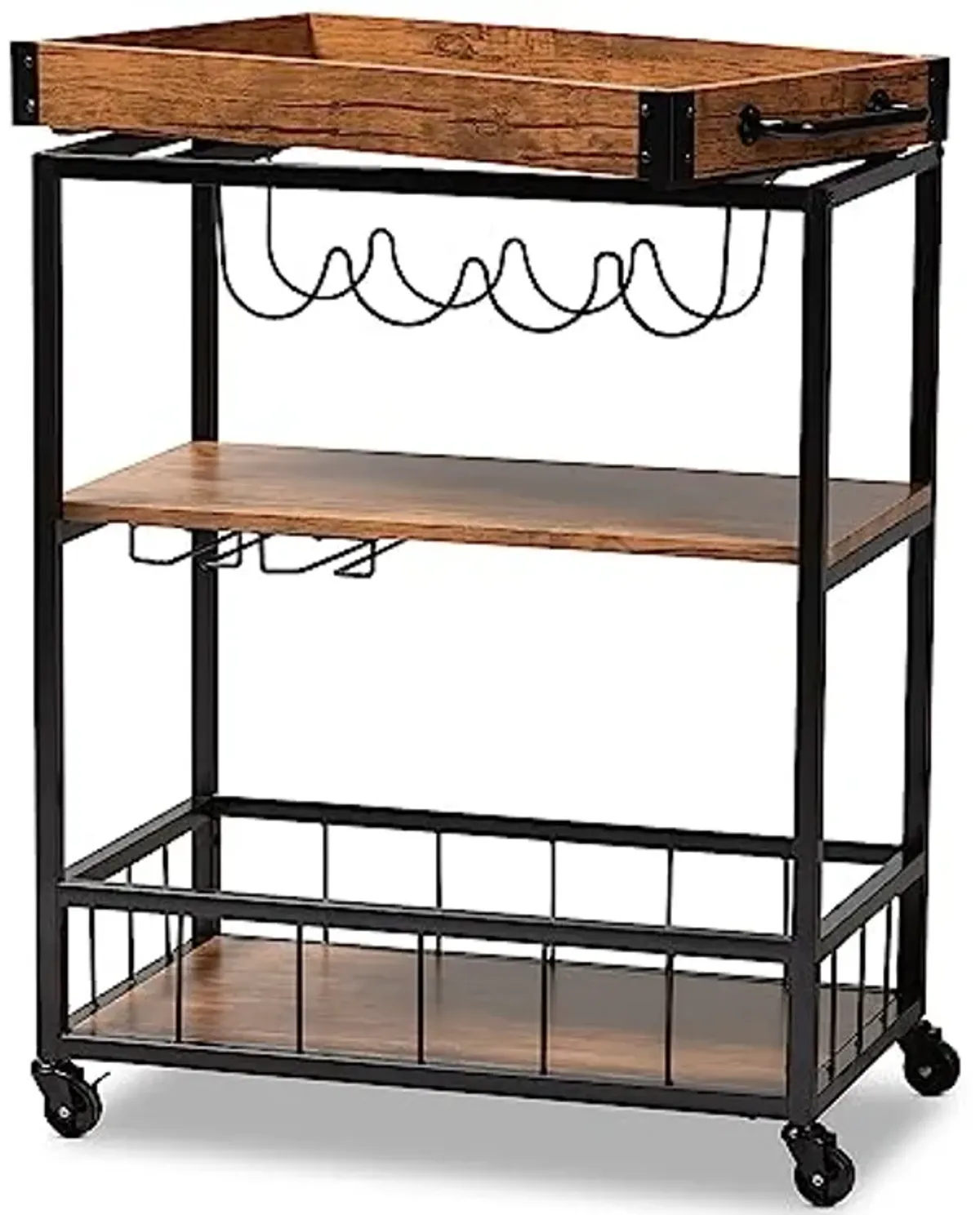 Baxton Studio Cerne Vintage Rustic Industrial Oak Brown and Black Finished Mobile Metal Bar Cart with Wine Bottle Rack