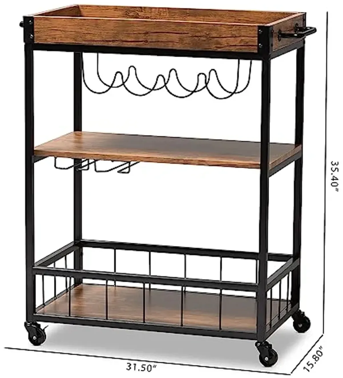 Baxton Studio Cerne Vintage Rustic Industrial Oak Brown and Black Finished Mobile Metal Bar Cart with Wine Bottle Rack