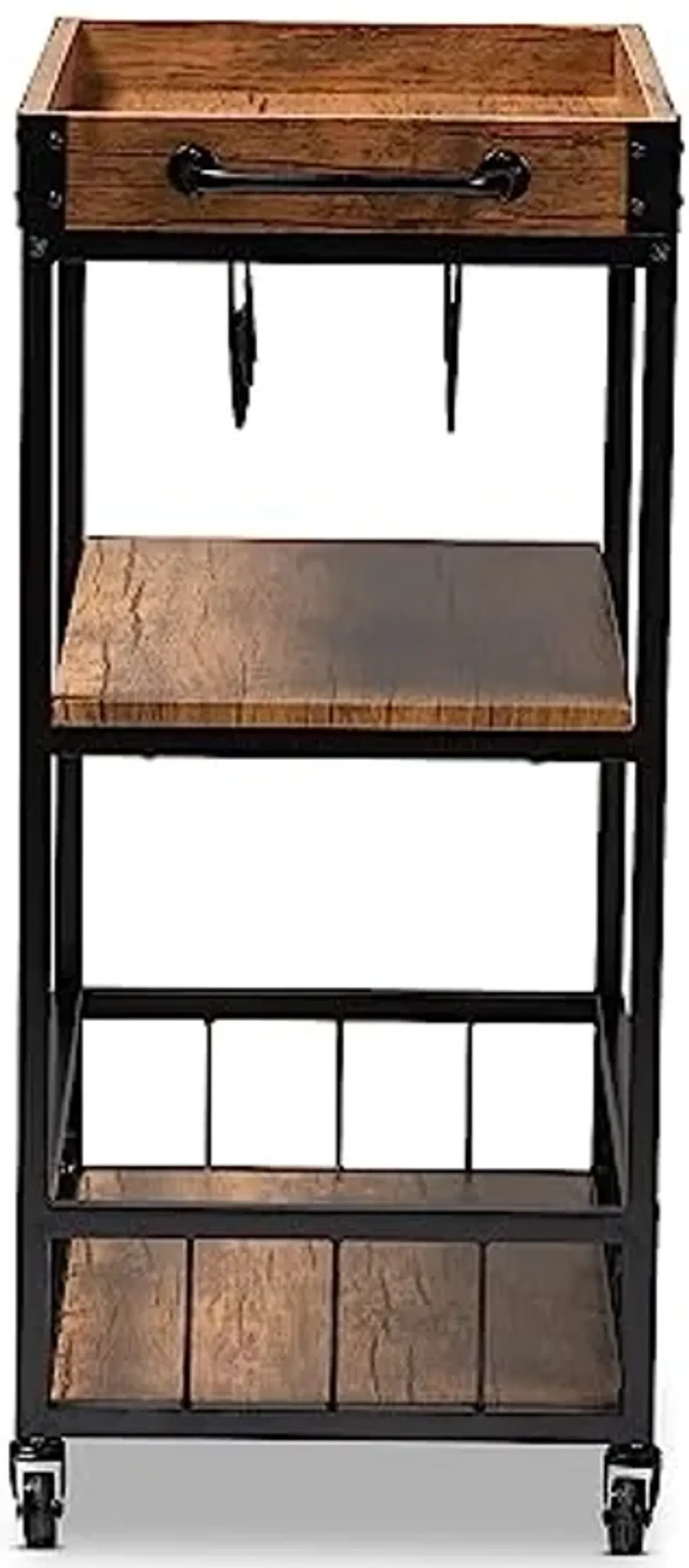 Baxton Studio Cerne Vintage Rustic Industrial Oak Brown and Black Finished Mobile Metal Bar Cart with Wine Bottle Rack