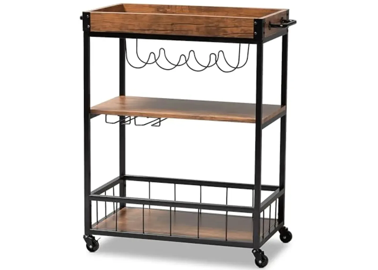 Baxton Studio Cerne Vintage Rustic Industrial Oak Brown and Black Finished Mobile Metal Bar Cart with Wine Bottle Rack