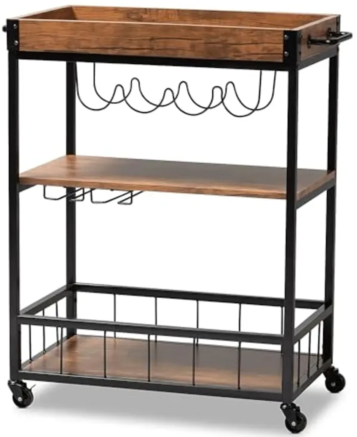 Baxton Studio Cerne Vintage Rustic Industrial Oak Brown and Black Finished Mobile Metal Bar Cart with Wine Bottle Rack