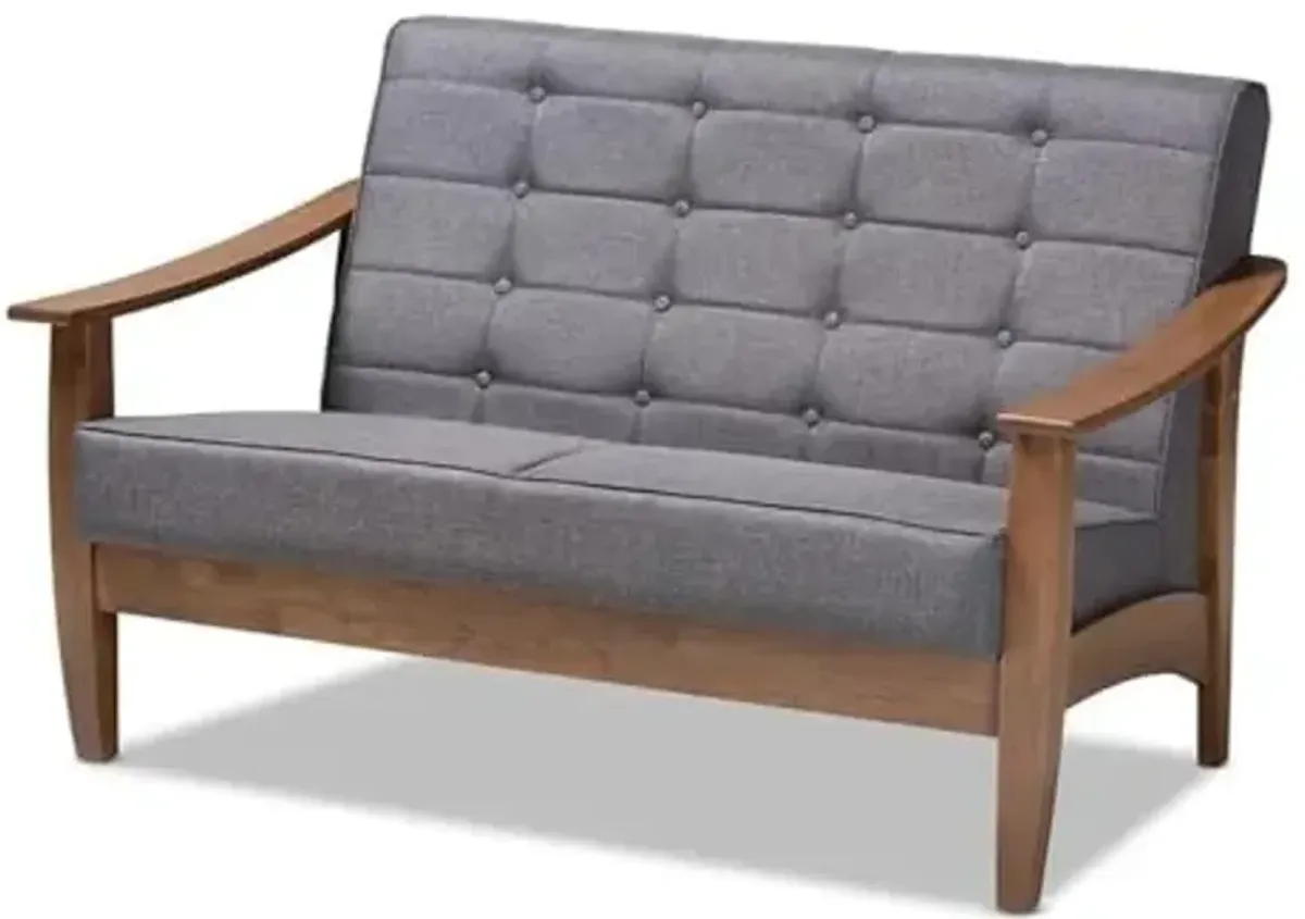 Baxton Studio Larsen Mid-Century Modern Gray Fabric Upholstered Walnut Wood Loveseat
