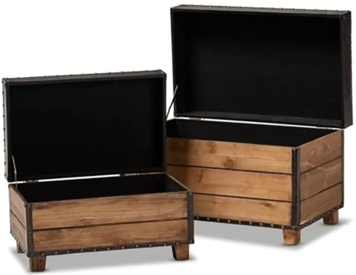 Baxton Studio Marelli Rustic Dark Brown Faux Leather Upholstered 2-Piece Wood Storage Trunk Ottoman Set