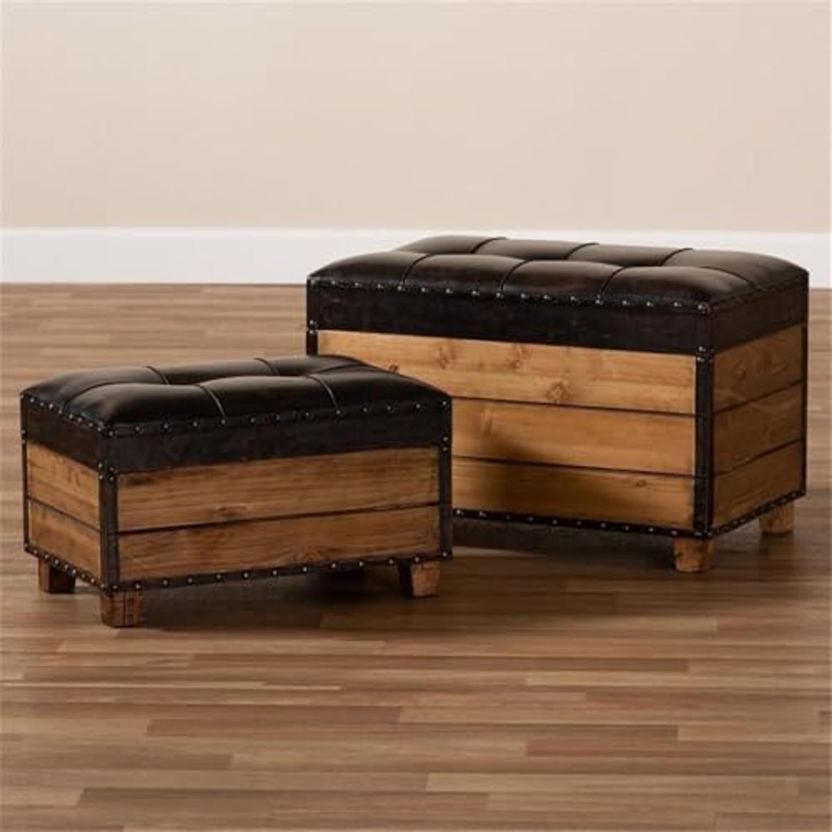 Baxton Studio Marelli Rustic Dark Brown Faux Leather Upholstered 2-Piece Wood Storage Trunk Ottoman Set