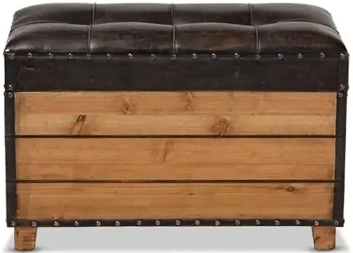 Baxton Studio Marelli Rustic Dark Brown Faux Leather Upholstered 2-Piece Wood Storage Trunk Ottoman Set