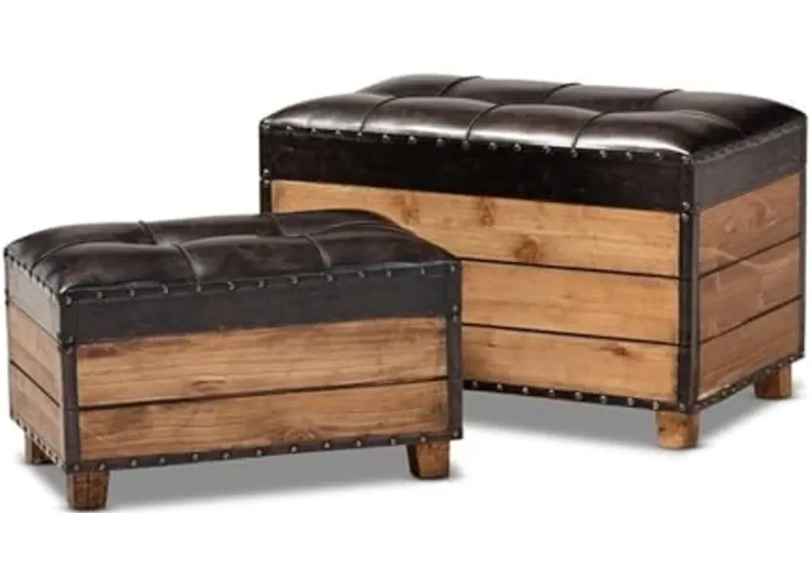 Baxton Studio Marelli Rustic Dark Brown Faux Leather Upholstered 2-Piece Wood Storage Trunk Ottoman Set