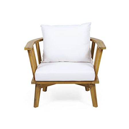Christopher Knight Home Dean Outdoor Wooden Club Chair with Cushions, White and Teak Finish